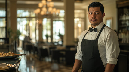 A server in a black apron and bow tie standing in a restaurant with a chandelier in the background