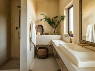 Rustic Beige Bathroom with Natural Decor and Organic Materials