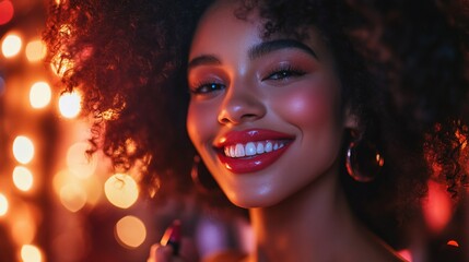 Naklejka premium A radiant woman with a vibrant smile and bright lipstick, set against a warm, bokeh backdrop