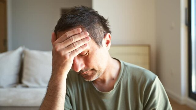 Headshot portrait of sad and depressed man in living room, alone at home, 4K