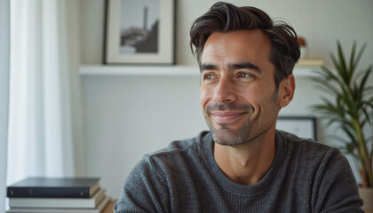 Portrait headshot photo of diverse friendly people: A man with a neatly styled haircut and stubble smiles thoughtfully while seated at a desk with books and a plant.