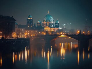 Fototapeta premium City river view: Illuminated architectural landmark & bridge reflected in water at night. A tranquil urban landscape at dusk.