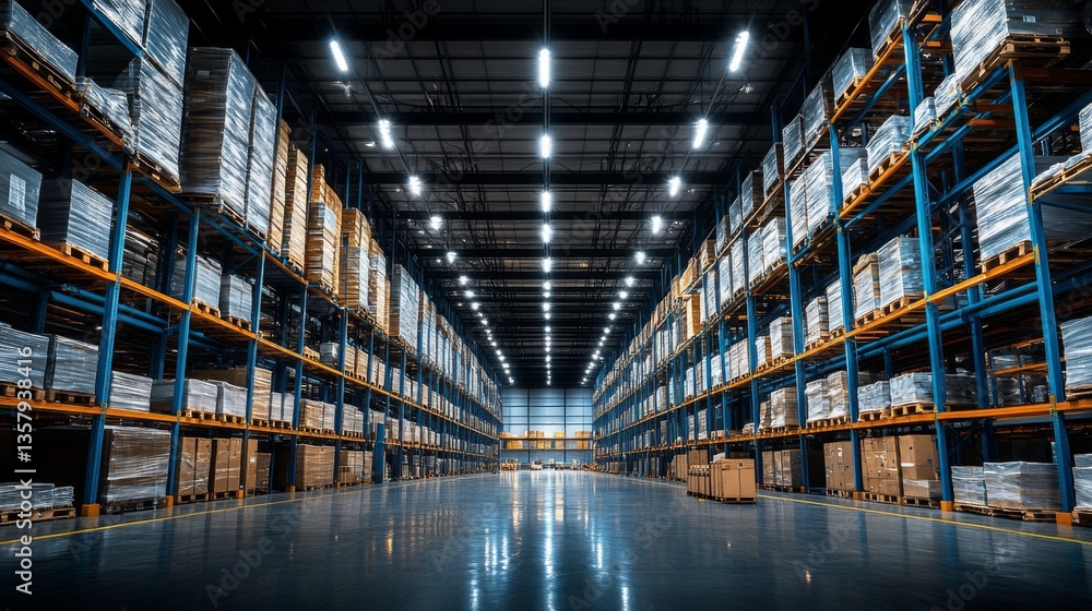 Aufkleber a spacious warehouse with tall shelves filled with neatly stacked pallets of cargo, optimized for st