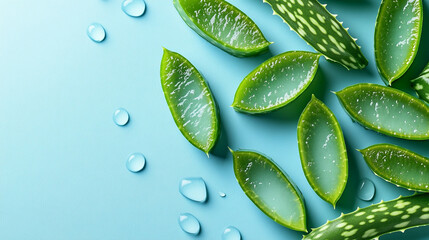 Freshly cut aloe vera leaves on blue background