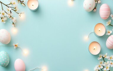 Pastel Easter Eggs Candles and Blossoms Frame a Blue Background