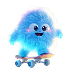 A Fluffy 3D Cartoon Character Riding a Glowing Skateboard Isolated on Transparent Background
