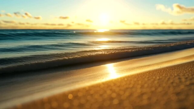 A dreamlike beachscape with gentle ocean waves, sunlit ripples, and velvety soft sand, creating a flawless backdrop for summer-inspired marketing campaigns.