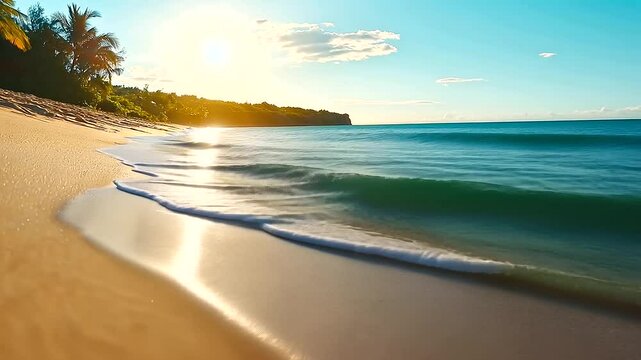 A dreamlike beachscape with gentle ocean waves, sunlit ripples, and velvety soft sand, creating a flawless backdrop for summer-inspired marketing campaigns.