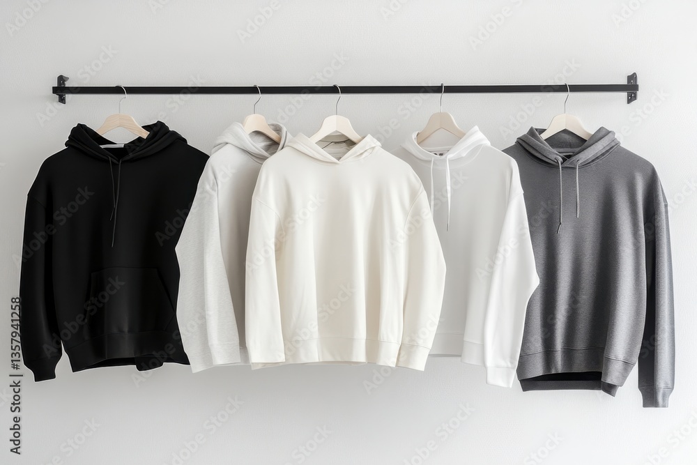 Poster hooded sweatshirts displayed on hangers in a minimalistic setting with various colors and textures