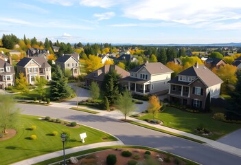 A perfect neighbourhood. Houses in suburb at Summer in the north America. Luxury houses with nice landscape.