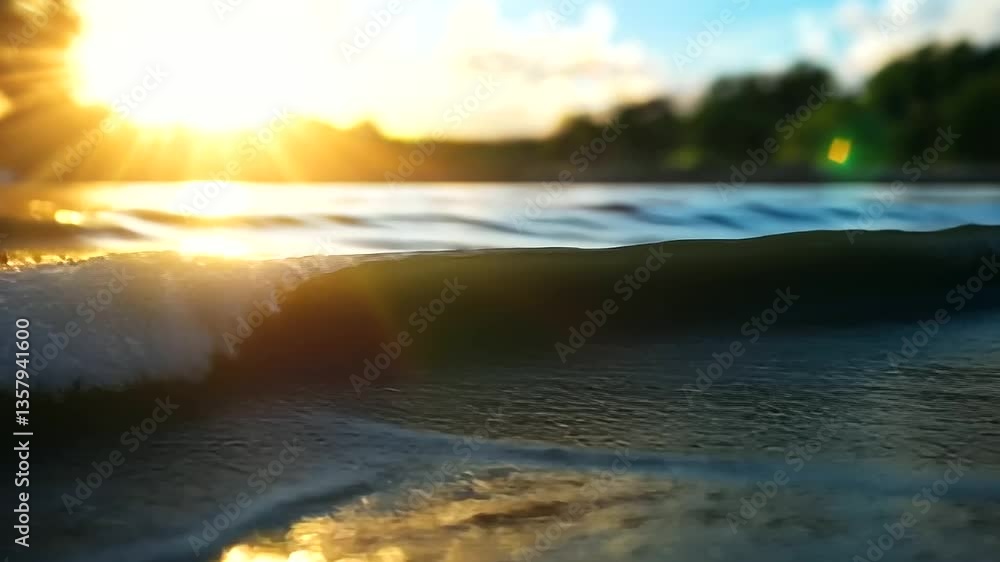 Poster a tranquil water surface with a blurred effect, where sunlight dances on gentle waves, creating a ca