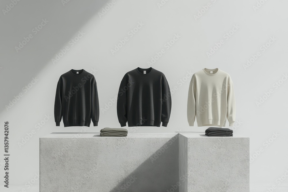 Poster Stylish presentation of three distinct sweaters on a minimalist display in bright natural light
