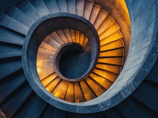 Aerial view of a spiral staircase, its dark stone steps contrasting with the warm golden glow emanating from the central depths.