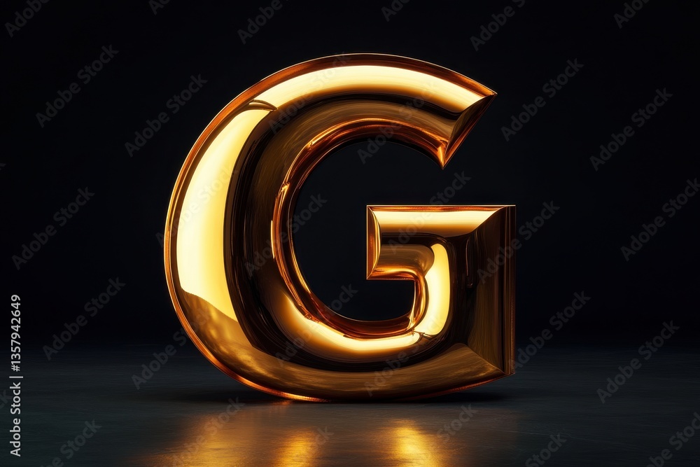 Poster shiny golden letter g on a dark background with reflections highlighting its surface and contours