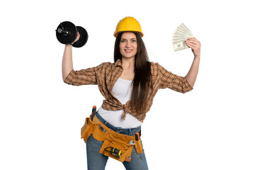 Strong Female Construction Worker Holding Dumbbell and Cash