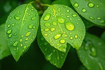Close-up of vibrant green leaves glistening with water droplets after rain
