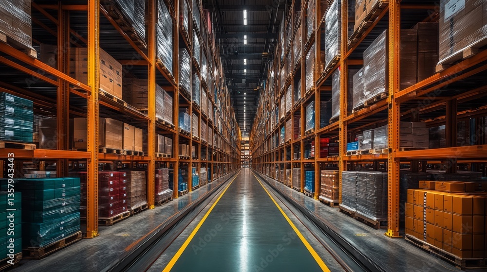 Poster inside a spacious logistics warehouse, tall shelves packed with carefully arranged inventory line th