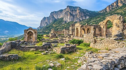 Fototapeta premium Ancient stone ruins nestled in a mountain valley under a bright sky