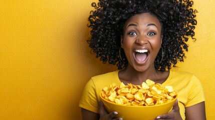 Excited woman holding a bowl of crispy snacks against a vibrant yellow background