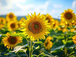 Fototapeta premium Golden sunflowers under a blue sky. Vivid petals radiate from the dark centers, creating a picturesque summer field.
