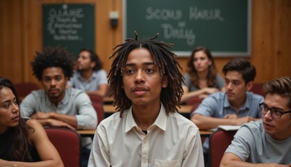 Thoughtful young man with dreadlocks listening attentively in a lecture hall with classmates in the background, educational concept of schools or universities