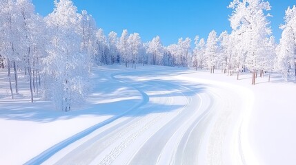Obraz premium Snow covered trees beside a winding ski trail