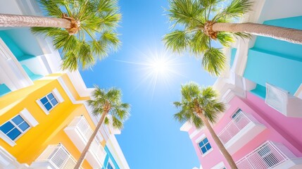Fototapeta premium Colorful buildings and palm trees bask in bright sunshine