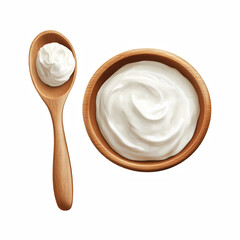 Top-down view of a wooden bowl filled with creamy white sour cream and a wooden spoon, smooth dairy condiment for cooking, isolated on transparent background.