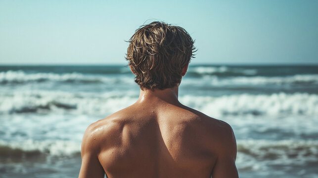 back of a young man at the beach - Powered by Adobe