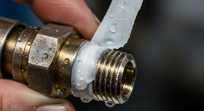 Macro shot of a plumber applying a sealant tape on a pipe connector to prevent water leak