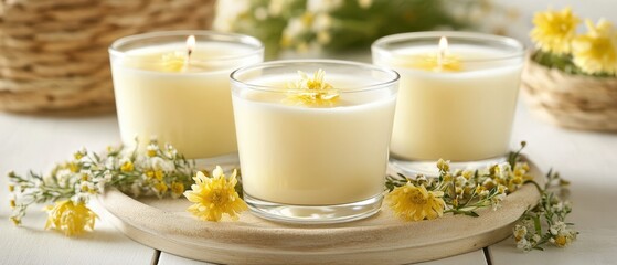 Three elegant glasses of milk are presented on a rustic wooden tray, adorned with vibrant flowers, creating a charming and inviting atmosphere.