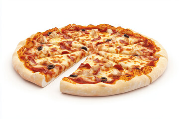 Whole round pizza with melted cheese mushrooms and black olives placed on isolated clean white background top view