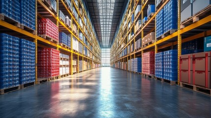 Fototapeta premium Vast warehouse space filled with neatly arranged storage racks. Colorful pallets of goods line the expansive aisles, illuminated by sunlight from high windows during daytime hours.