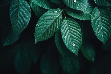 Lush, dark green leaves with water droplets
