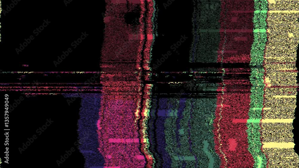 Poster digital glitch noise animation. black background. pixel vhs distortion effect. vcr tape. glitch art.