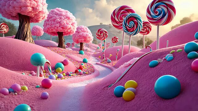 Fantasy candy landscape with pink hills, colorful lollipops, sweets, and sugar trees under a bright playful sky

