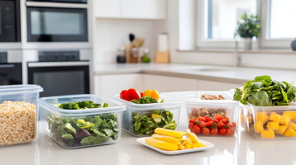 Healthy Meal Prep Containers with Fresh Ingredients in Kitchen  