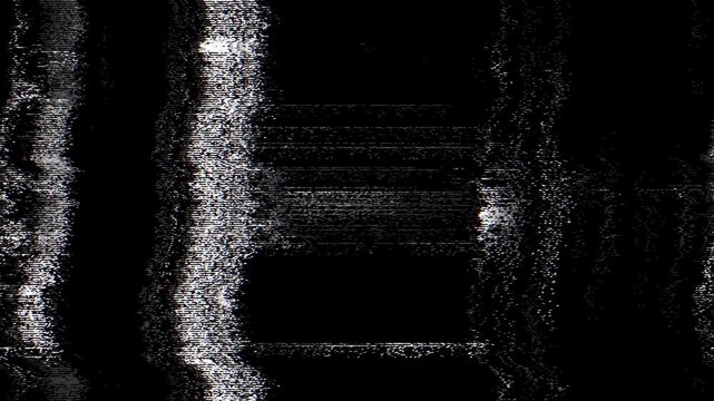 Digital glitch noise animation. Black background. Pixel VHS distortion effect. VCR tape. Glitch art. Film grain backdrop. Pause old television screen. Grainy texture. Video glitching.