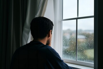 Fototapeta premium Man reflecting in thought while looking out the rainy window 