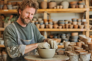 Artisan potter creating a bowl in a rustic workshop  