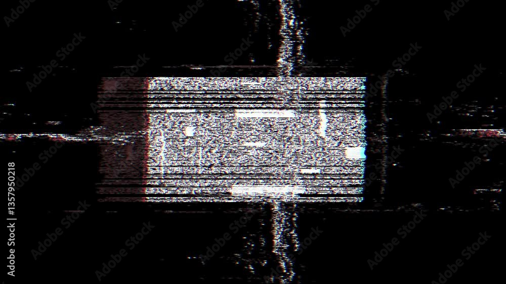 Poster Digital glitch noise animation. Black background. Pixel VHS distortion effect. VCR tape. Glitch art. Film grain backdrop. Pause old television screen. Grainy texture. Video glitching.