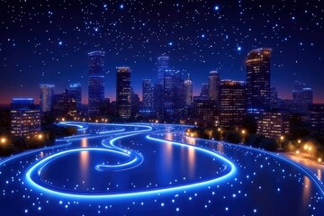 Fototapeta premium Night City Skyline Illuminated With Blue Lights