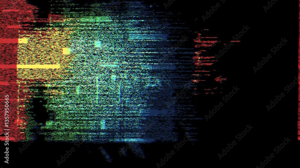 Poster digital glitch noise animation. black background. pixel vhs distortion effect. vcr tape. glitch art.