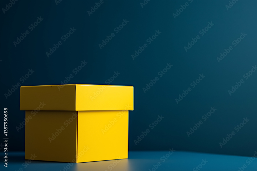 Poster yellow box on table against dark blue background with soft lighting