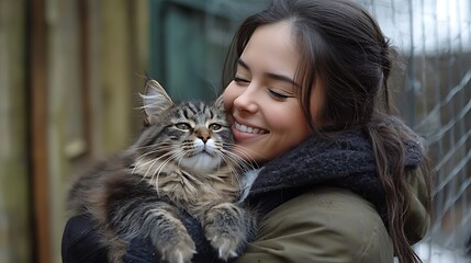 A woman smiling and embracing a fluffy cat happily