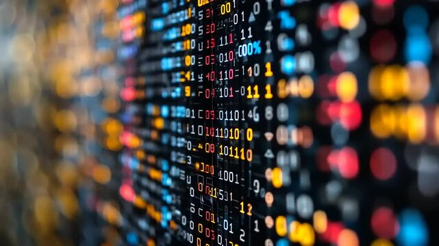 Colorful digital data visualization with binary code and glowing elements in a tech environment