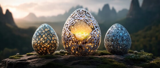 Three decorative metal eggs atop a rock surrounded by mountains, symbolizing Easter's beauty and renewal.