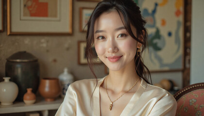 Portrait headshot photo of diverse friendly people: A smiling woman with dark hair and subtle makeup poses gracefully in a room adorned with artwork and traditional pottery.