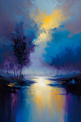 Fototapeta premium Abstract landscape artwork, tranquil river, glowing skies, and moody forests. Impressionistic scene blends vibrant color gradients with textural brushstrokes