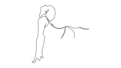 Yoga line art video, continuous line drawing of a young woman practicing yoga at home, stands in one legged king pigeon pose line art video, 4K video